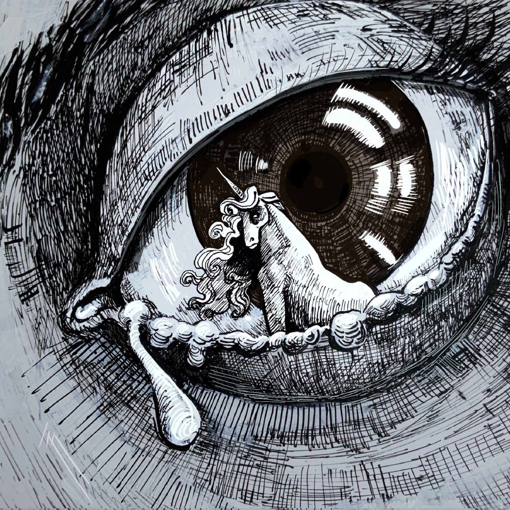 A unicorn reflected in a crying eye. 

Art commissioned from https://www.kristy-serpa.com/ for "This, too, is magic" in the first issue of Plott Hound Magazine.