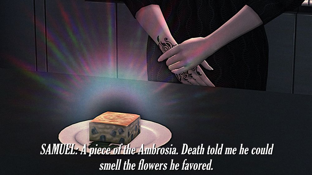 The glow was from the Ambrosia, atop the counter. 
SAMUEL: A piece of Ambrosia. Death told me he could smell the flowers he favored.