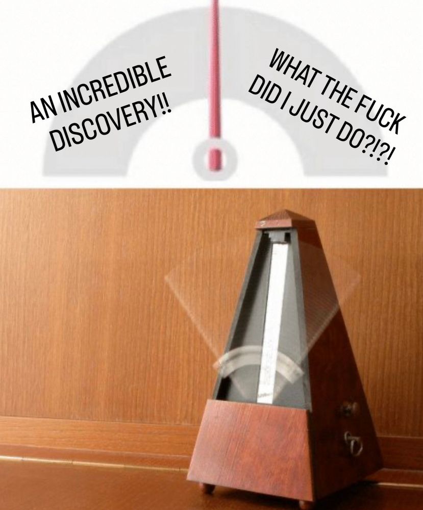 Abiotic Factor metronome meme that reads AN INCREDIBLE DISCOVERY on the left side and WHAT THE FUCK DID I JUST DO on the right.