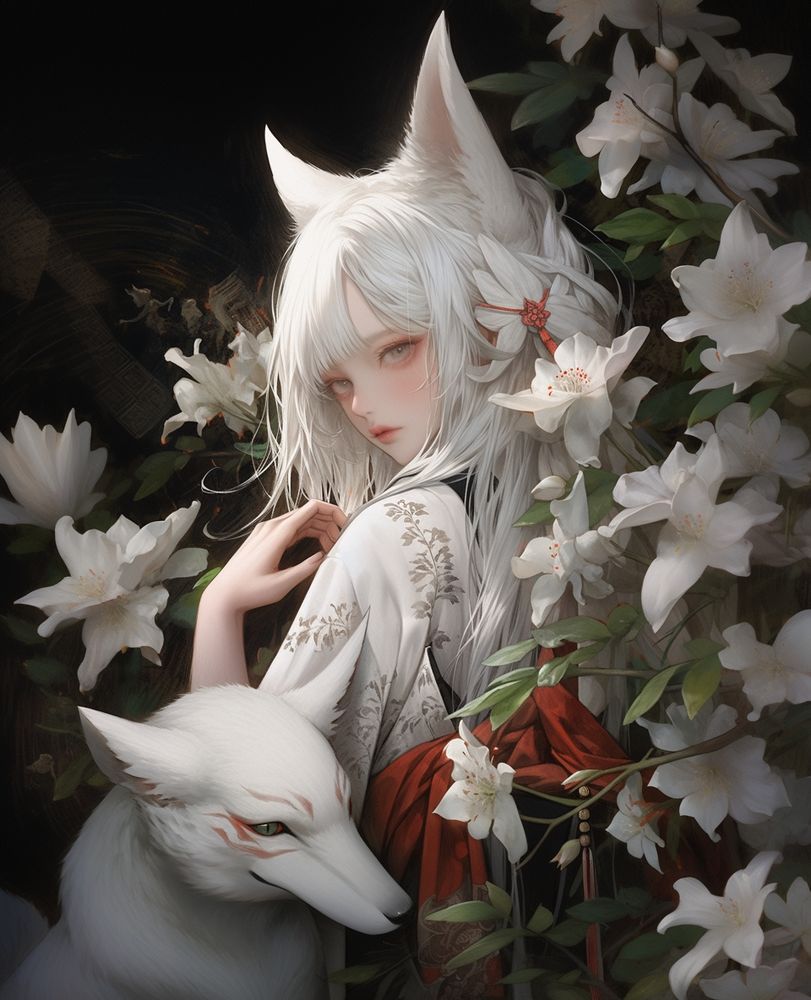 A mystical girl with white fox ears and flowing silver hair stands among blooming white lilies. Her kimono features intricate floral patterns, blending tradition with ethereal beauty. Beside her, a white kitsune spirit with red markings watches calmly. This artwork captures the elegance of Japanese folklore with a soft, dreamlike atmosphere.

JAPANESE (日本語):
白い狐耳と銀色の髪を持つ神秘的な少女が、咲き誇る白い百合の中に佇んでいます。彼女の着物には繊細な花柄が施され、伝統と幻想的な美しさが融合しています。そばには赤い模様のある白い狐の霊（キツネ）が静かに見守っています。この作品は、日本の民話の優雅さを、柔らかく夢のような雰囲気で表現しています。