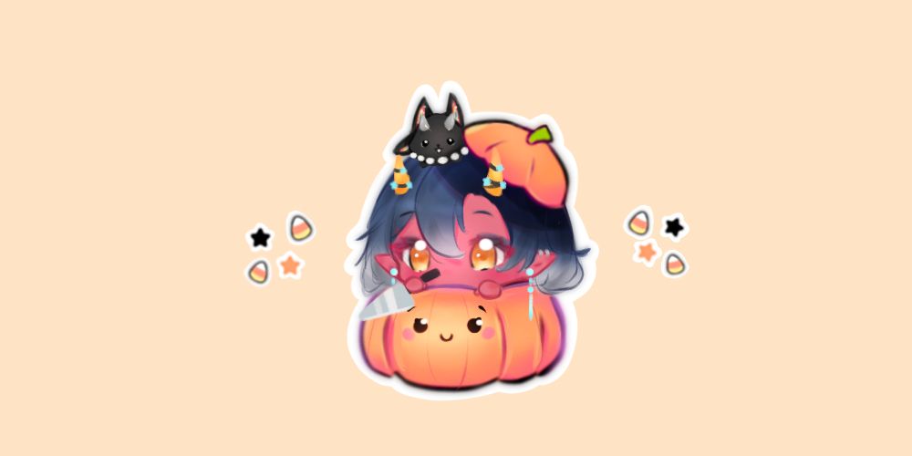 A chibi image of Catt hiding in a pumpkin. From the top of the pumpkin, you can see her head sticking out with Roomba and the pumpkin top on her head. She is holding a knife.