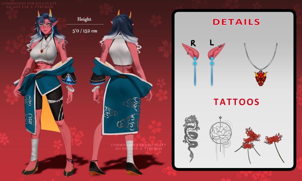A character reference sheet for the original character, Catt. Displayed is an oni with pale red skin, yellow horns with blue flowers, and dark blue hair that fades into white. On the right side displays a detail view of Catt's elf ears and oni mask necklace. Also displayed is a detail view of Catt's tattoos; an asian dragon, a lotus, and spider lilies.