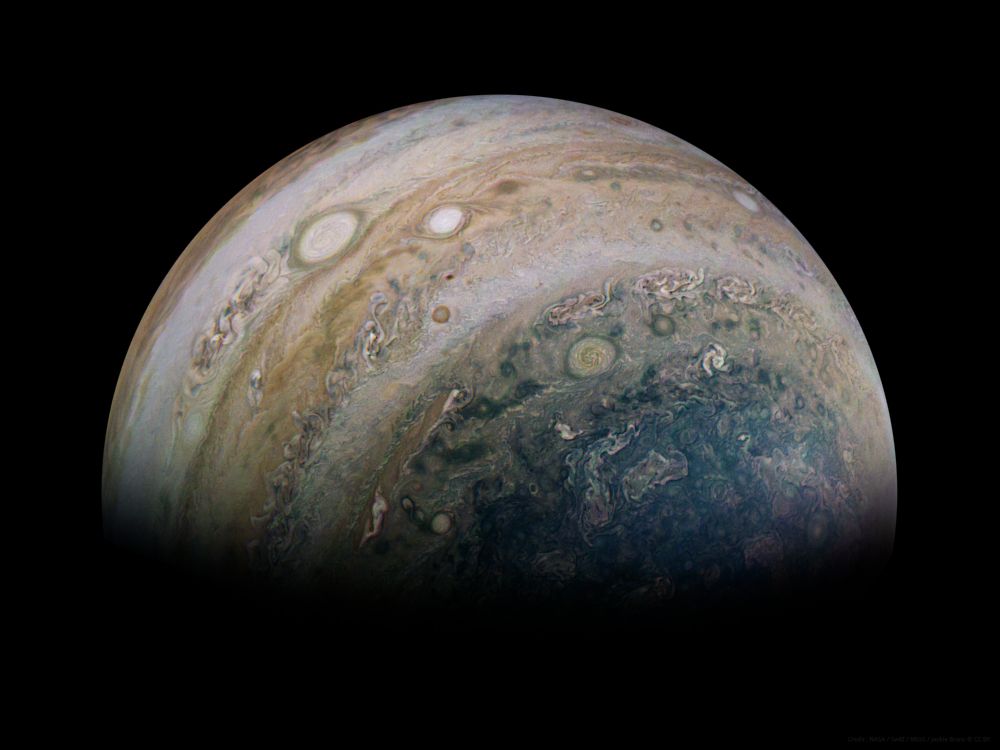 JUPITER | PJ26 Jet S6 | 2020-04-10 14:45 UT | Mission Phase : PERIJOVE 26 | PRODUCT ID: JNCE_2020101_26C00042_V01 |Credit : NASA / SwRI / MSSS / Jackie Branc © CC BY

PJ26 Jet S6
2020-04-10 14:45 UT
 NASA / SwRI / MSSS
Mission Phase : PERIJOVE 26
Metadata
FILTER NAME :
BLUE, GREEN, RED
IMAGE TIME :
2020-04-10T14:45:17.661
PRODUCT ID :
JNCE_2020101_26C00042_V01
SPACECRAFT ALTITUDE :
82315.0 <km>
SUB SPACECRAFT LATITUDE :
-63.6761
SUB SPACECRAFT LONGITUDE :
123.9262
