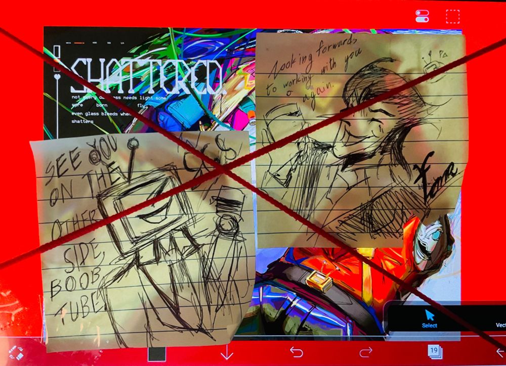 The previous image but covered in two sticky notes, the upper right one, being a close to reference sketch of Big Shot Spamton drawn by Tenna, and the lower left one being shoddily drawn by Spamton, text in all caps. Text reads as follows; “Looking forwards to working with you again. -Tenna” “SEE YOU ON THE OTHER SIDE, BOOB TUBE -SGS”