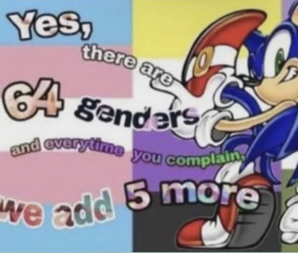 The transgender, non-binary, and genderqueer pride flags are side by side. A picture of Sonic the Hedgehog in his Dreamcast-era artwork partially obscures the nonbinary and genderqueer flags.

Overlaying both the flags and Sonic is wavy text reading "Yes, there are 64 genders and everytime you complain, we add 5 more"