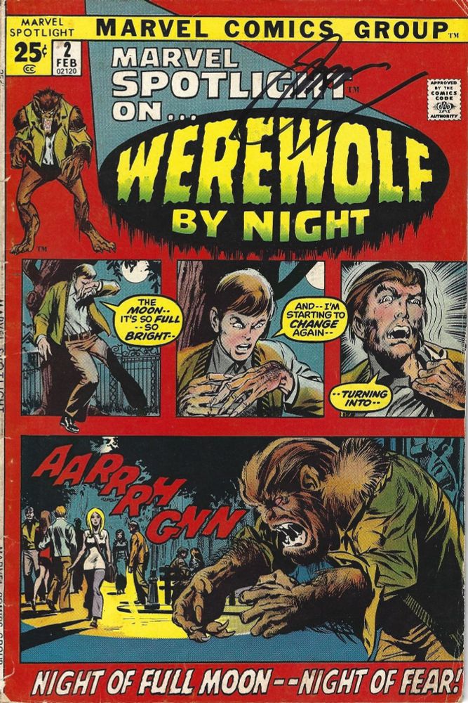 The cover of Marvel Spotlight #2, the first "Werewolf by Night" story. The cover shows a multi-panel scene of a young man (Jack Russell) transforming into a werewolf. The cover is autographed by writer Gerry Conway.