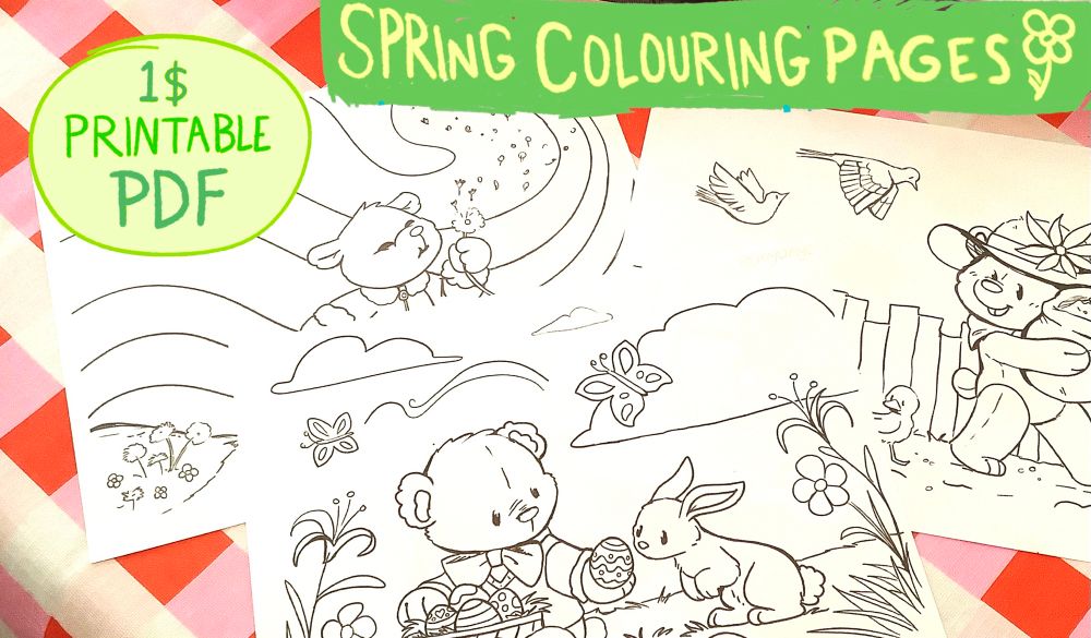 Photo of three printed colouring pages on a red and white tablecloth.
Header text reads “$1 printable PDF” “Spring Coluuring Pages”