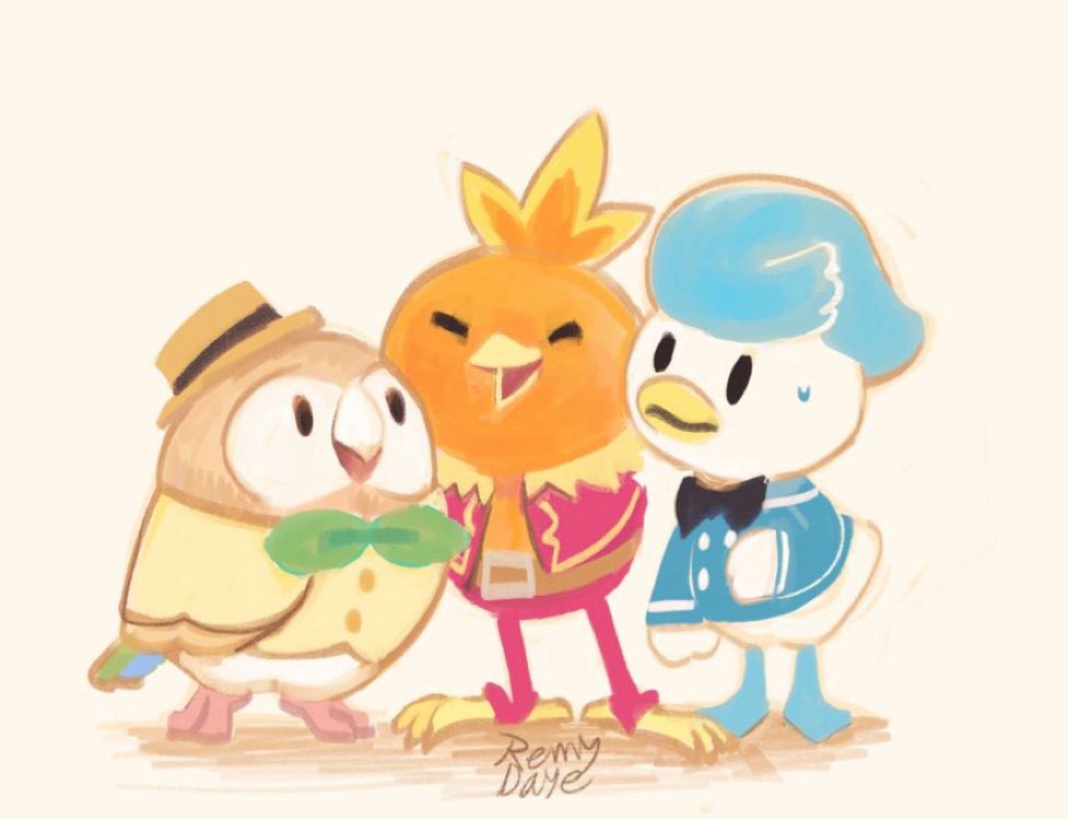 Illustration of Pokémon starters dressed as the Three Caballeros. From left to right: Rowlet as Jose Carioca, Torchic as Panchito, and Quaxly as Donald Duck.
