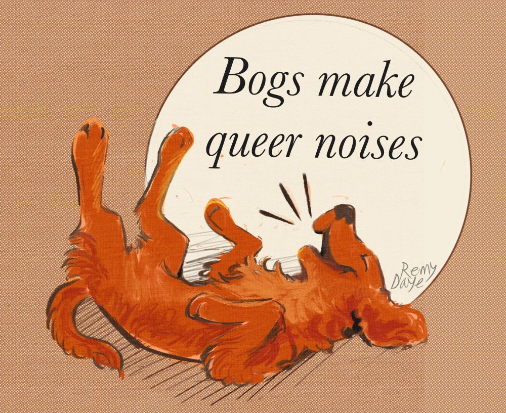 Illustration of a reddish dog rolling around a brown background, with three lines representing a bark.

There is an off-white circle behind the dog, with text quoting The Hound of the Baskervilles: “Bogs make queer noises”