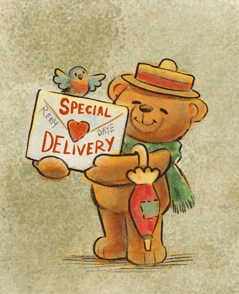 Illustration of a teddy bear in a scarf and hat, with an umbrella hooked over their elbow.

They’re smiling and holding up a large envelope with the words “Special Delivery”. A small bluebird sits on the letter with its wings open.