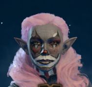 Print do jogo Baldur's Gate 3, dando close no rosto de um personagem jogável; é uma deep gnome de cabelo rosa longo, usando maquiagem de palhaço