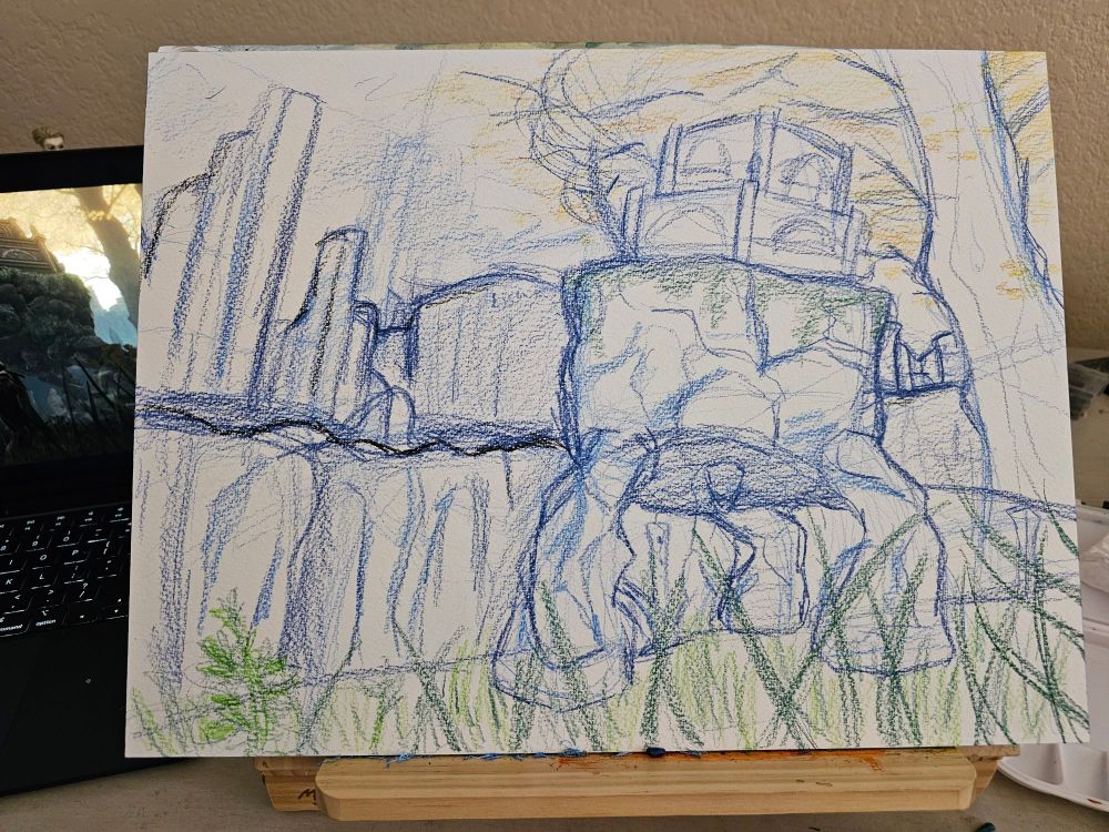 A blue pencil sketch of a wandering masoulem from Elden Ring, with towering cliffs and a minor erd tree in the background.