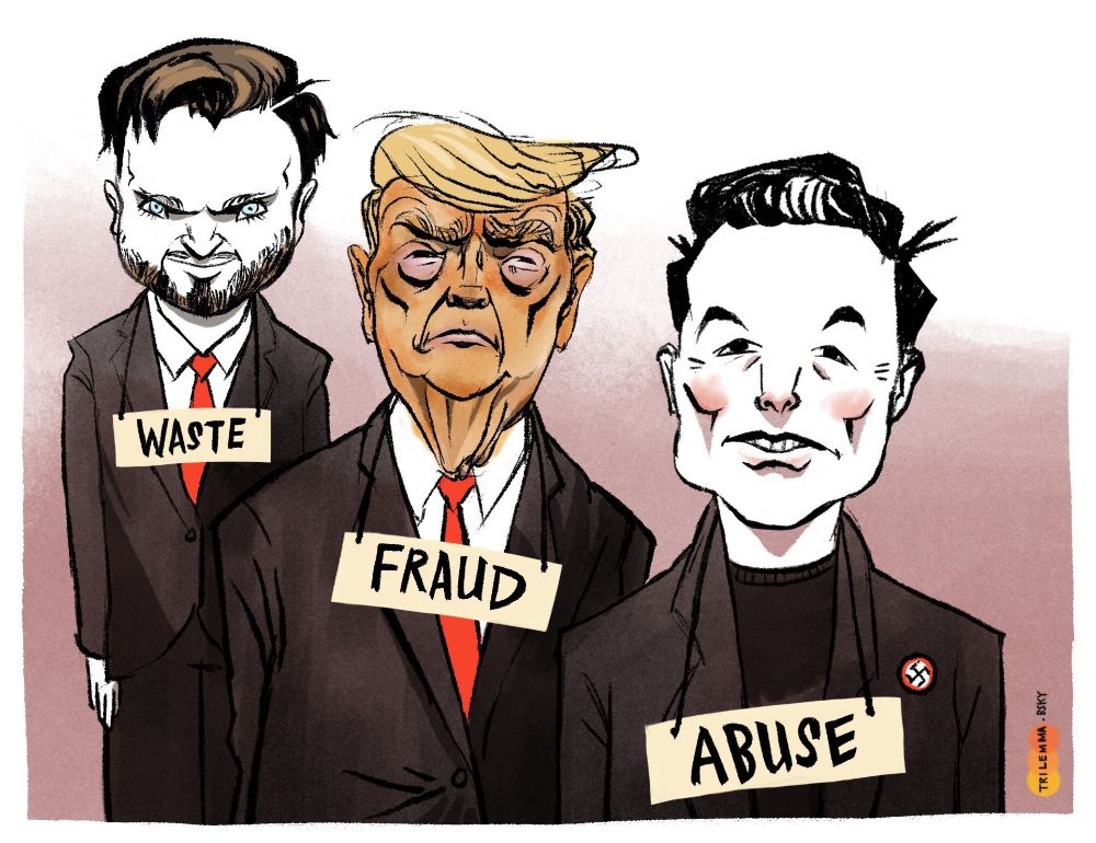 Drawing of Vance with WASTE on a sign around his neck, Trump with FRAUD on a sign around his neck and Musk with ABUSE on a sign around his neck