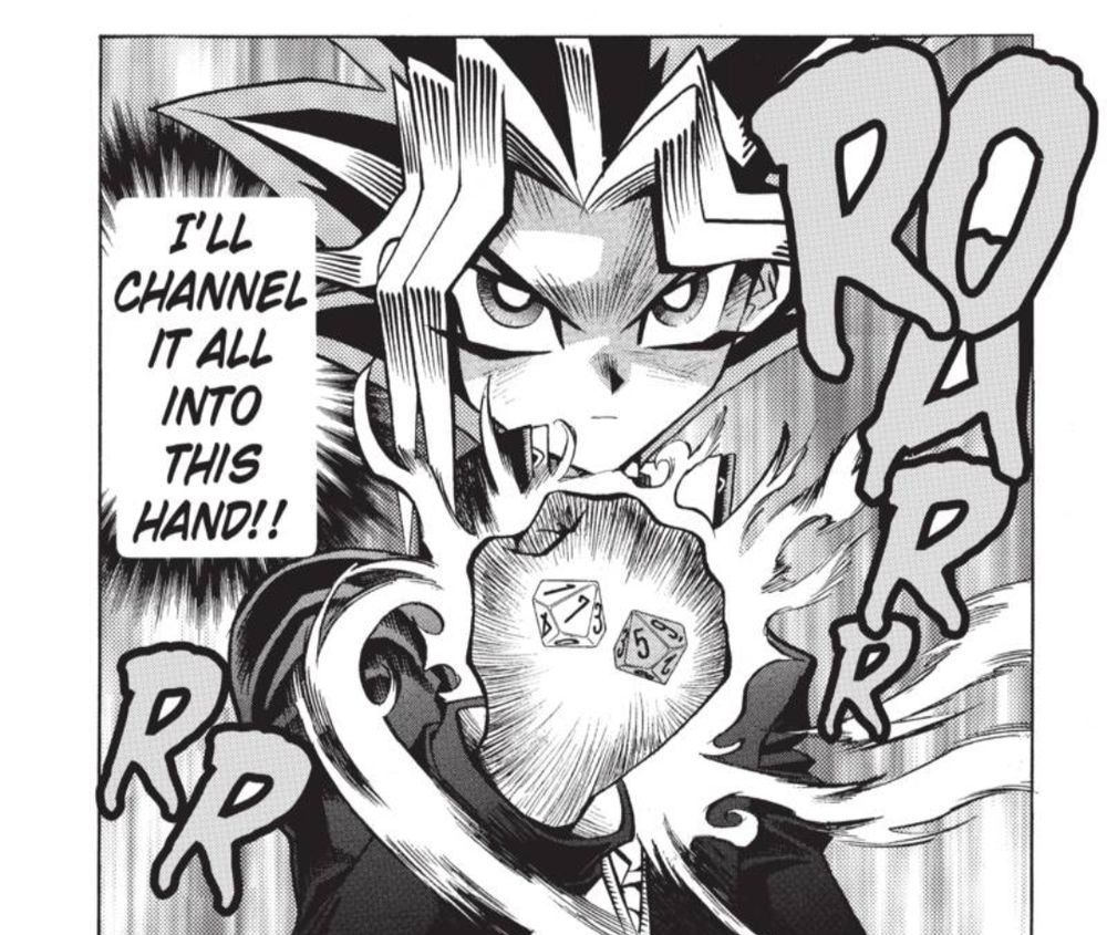 A manga panel featuring Yugi from Yu-Gi-Oh. He holds a set of ten sided dice on his fist, channeling his friend's will into them. It goes so hard.