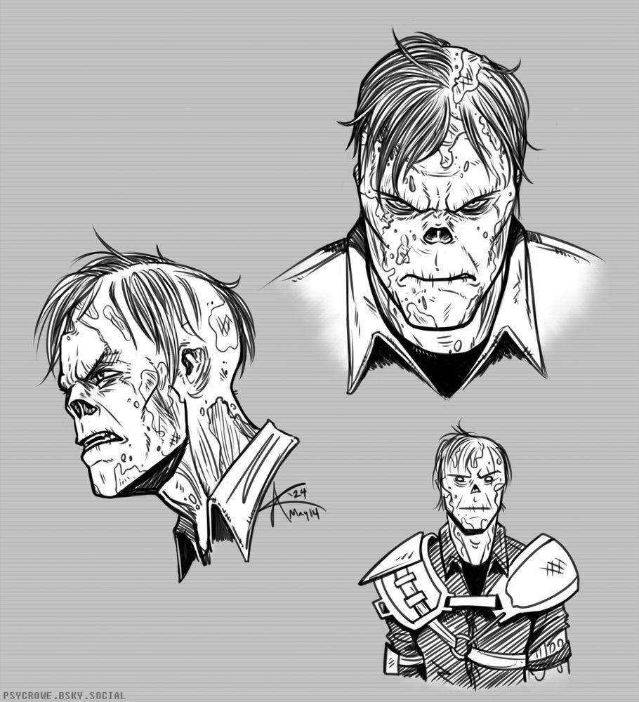 Black and white digital art of a character from Fallout 3, Charon. Charon is a ghoul; an irradiated human mutant of sorts resembling a zombie. His nose and ears have fallen off, and most of his hair has fallen out. His skin is patchy, exposing muscle and bone underneath. He wears leather armor with large metal plates covering his shoulders.