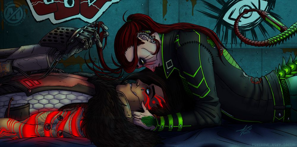 Digital art of Troy Calypso from Borderlands 3, and my OC, Viper. They are lying on a bed, with Troy on his back, and Viper on her stomach, propped up on her elbows while she looks down at Troy. They make eye contact and both appear somewhat contemplative. Troy lifts some of Viper's hair in his cybernetic hand, while Viper's hands rest on the side of his face, in an almost tender gesture. Troy's siren marking glow brightly, casting a red hue on nearby objects in a room lit by a blue-green light. A soft green light is also cast from Viper's cybernetic tail. In the background is a sheet metal wall with Children of the Vault graffiti painted on it.