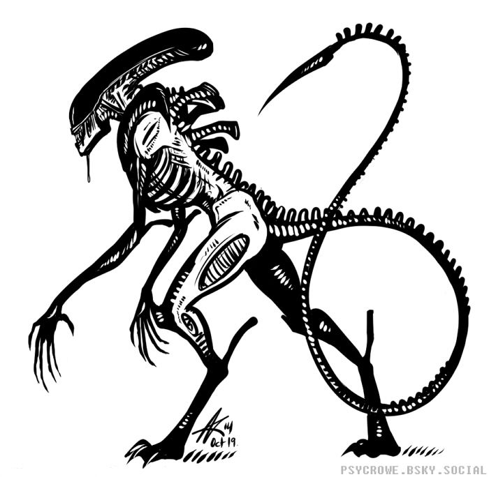 Digital black and white drawing of a Xenomorph/Alien.