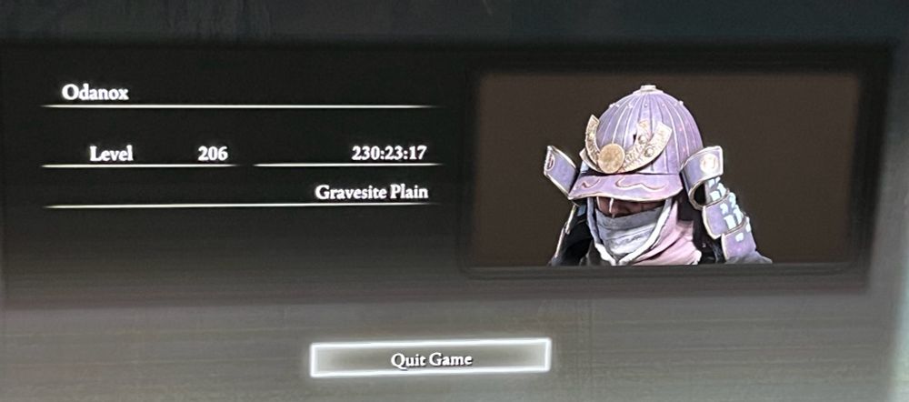 Elden Ring screen shows the player Odanox has reached level 206 at 230 hours. He is wearing a samurai helmet.