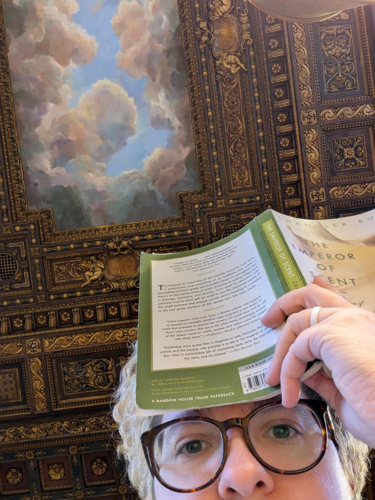 Photo from the inside of the Rose Reading Room in the New York Public Library. S.B. looking at the camera with a paperback book in their hand. Photo taken from a table top below them. Far above their head, there's a grandly decorated ceiling, with a Renaissance style painting of a cloudy sky surrounded by Rococo style gilt carvings of angels and flourishes. 