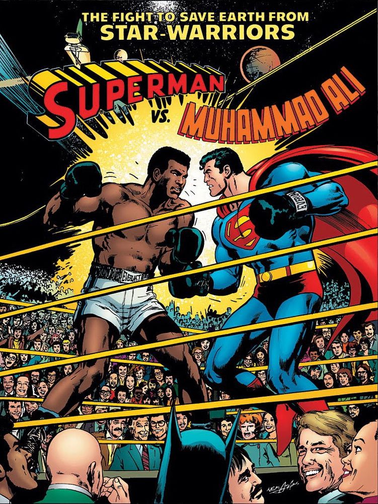 Neal Adams drawn cover to the comic book Superman vs Muhammad Ali featuring the titular characters in a boxing ring wearing boxing gloves with a crowd watching them fight