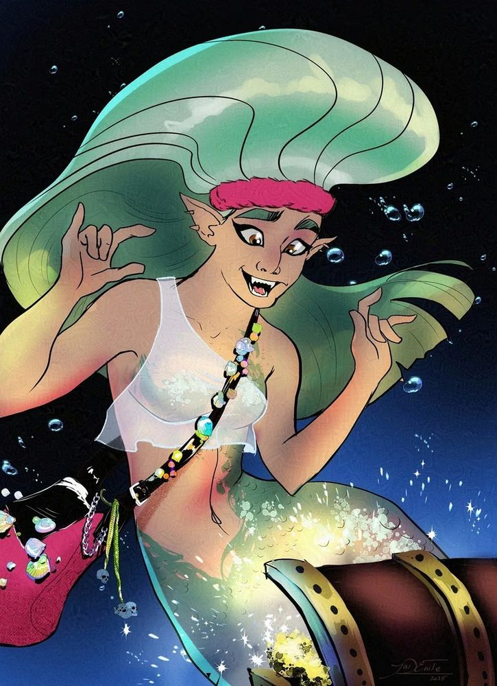 A mermaid with green hair and a pink sweatband looks upon a treasure with greed.  She has tan skin, a green tail with scales going up her body. She has a messenger bag that is covered in pins and other goodies. 