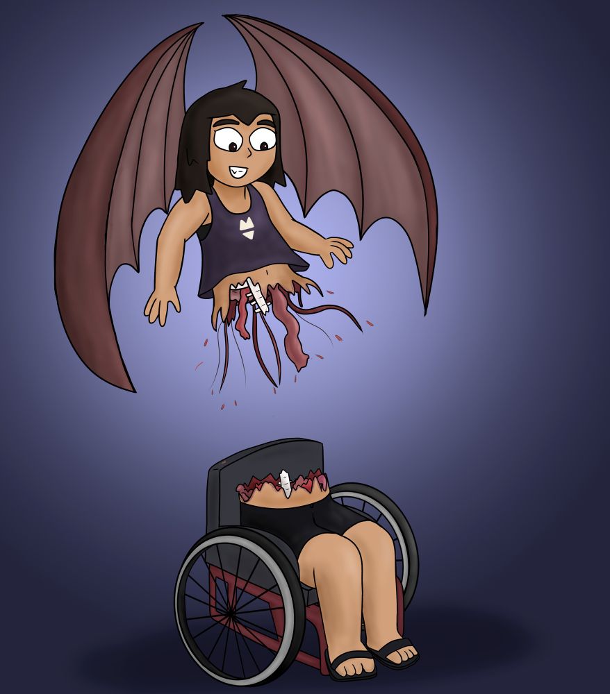 Reyna, a manananggal, splitting upward from her lower body, which is sitting on a wheelchair. Large bat wings are spread out, and cartoonish gore comes out her upper half