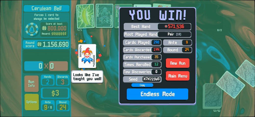 “YOU WIN!” victory screen for Balatro