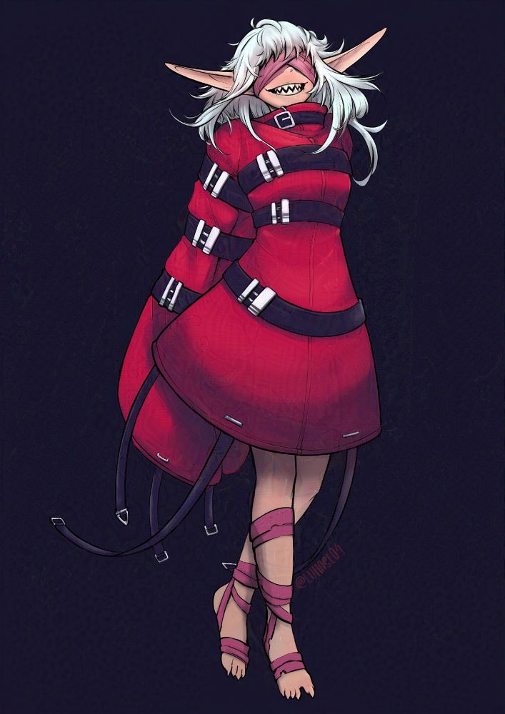 uma personagens feminina, com roupas que lembram uma camisa de força, de cor rosa bem forte e cabelos brancos. Seu rosto está enfaixado com tecidos rosas