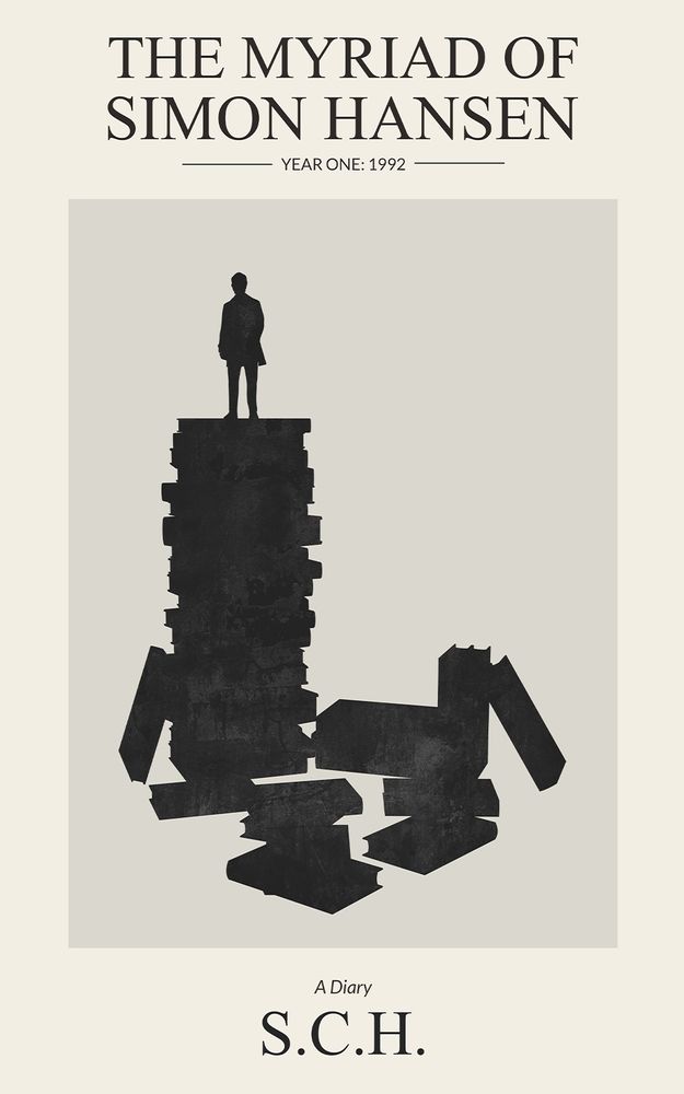 Cover for The Myriad of Simon Hansen: Year One (1992): silhouette of a man standing on a pile of giant books, against a tan background.