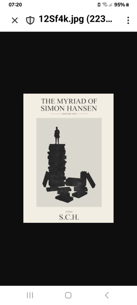 The Myriad of Simon Hansen: paperbag brown cover with grey square inset showing silhouette of man standing on a tall pile of giant books.