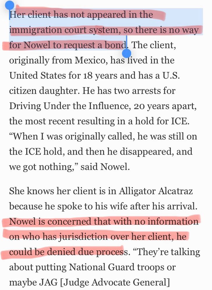 Her client has not appeared in the immigration court system, so there is no way for Nowel to request a bond. The client, originally from Mexico, has lived in the United States for 18 years and has a U.S. citizen daughter. He has two arrests for Driving Under the Influence, 20 years apart, the most recent resulting in a hold for ICE.
"When I was originally called, he was still on the ICE hold, and then he disappeared, and we got nothing," said Nowel.
She knows her client is in Alligator Alcatraz because he spoke to his wife after his arrival.
Nowel is concerned that with no information on who has jurisdiction over her client, he could be denied due process. "They're talking about putting National Guard troops or maybe JAG [Judge Advocate General]