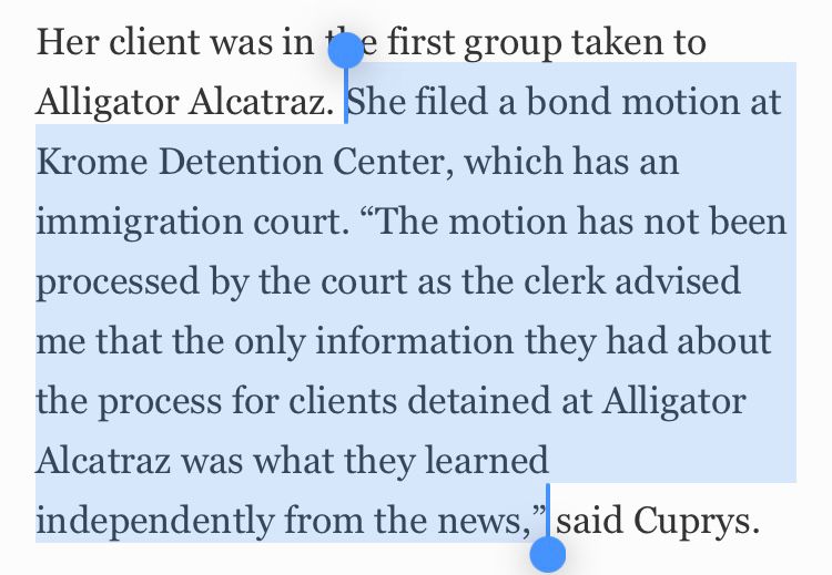 Her client was in the first group taken to Alligator Alcatraz. She filed a bond motion at Krome Detention Center, which has an immigration court. "The motion has not been processed by the court as the clerk advised me that the only information they had about the process for clients detained at Alligator Alcatraz was what they learned independently from the news," said Cuprys.