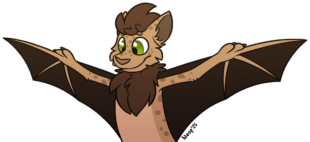 Toony drawing of Neop the bat spreading his wings, pretending to fly