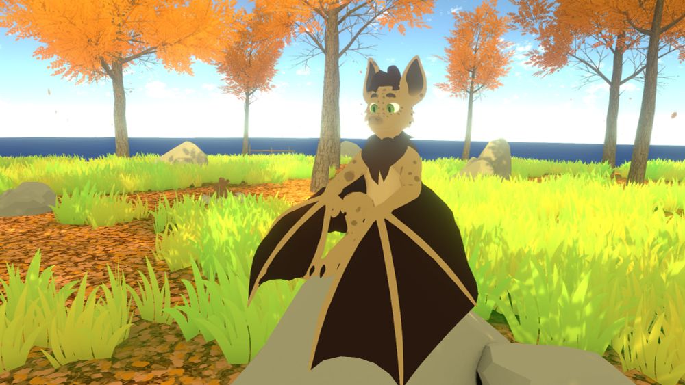 VR photo of a toony anthro bat sitting on a rock.