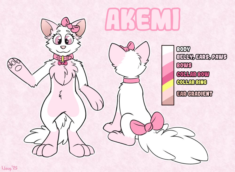 A toony reference sheet showing a white cat with pink belly, feet and ears, pink bows at her ear, tail and collar.