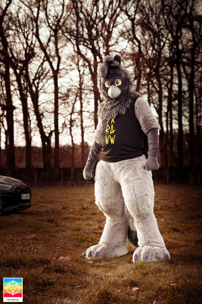 Photo of Skraww the gryphon (fursuit) standing on a meadow withtall trees and a car in the background. The photo is in sepia tones except for his yellow eyes and his name on his shirt.