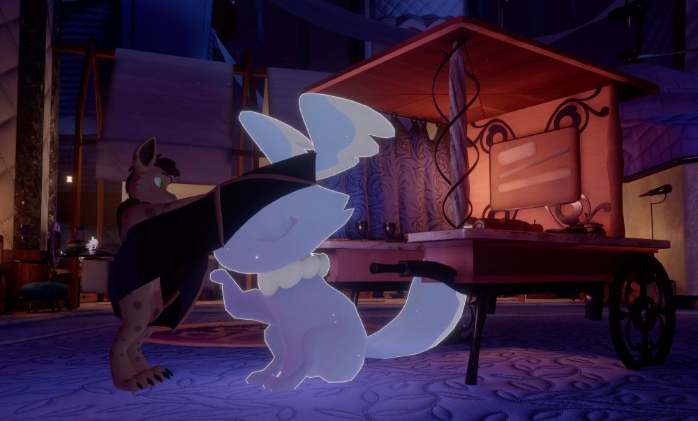 Picture of Neop the bat petting a similarly tall blue creature that is licking its paw. The picture was taken in VR at Furality Somna.