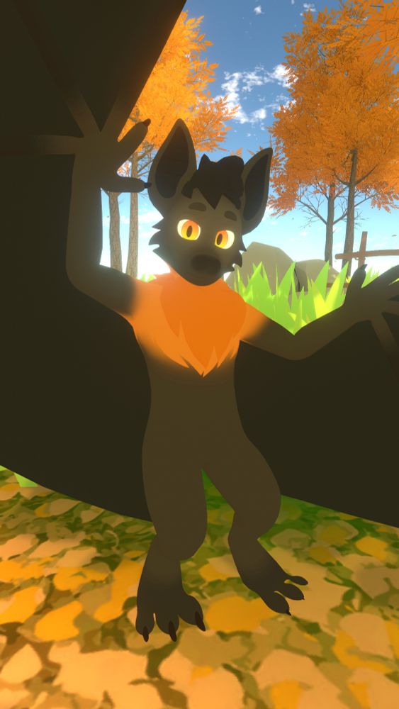 VR photo of a toony anthro bat showing off their wings.