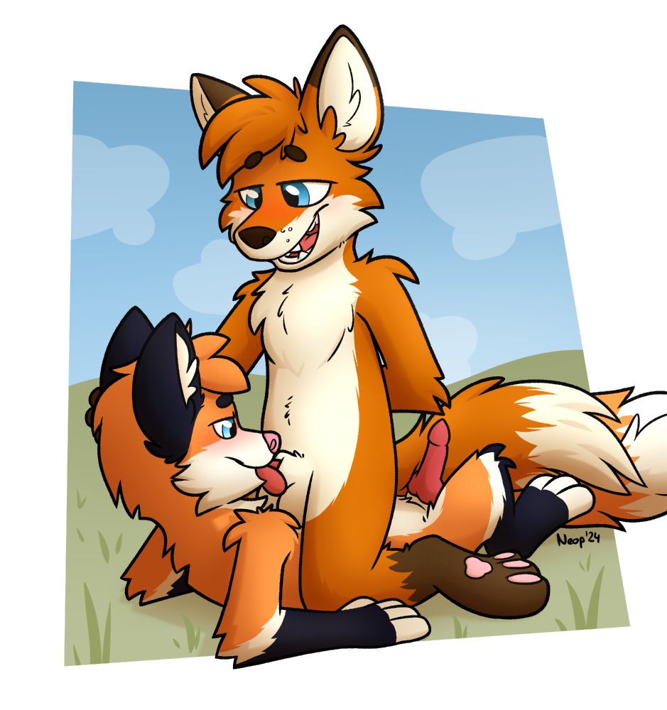 Toony drawing of a fox sitting on another fox's belly. The bottom fox is licking the tip of top fox's penis. They are laying outside on grass with a cloudy sky.