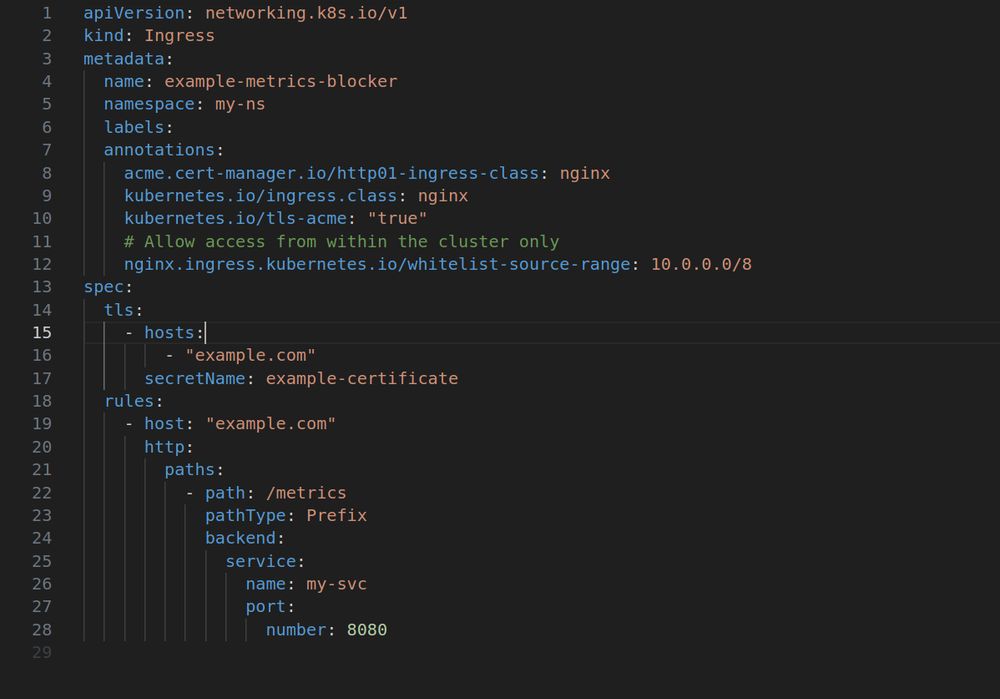An example for blocking access to a path via ingress

apiVersion: networking.k8s.io/v1
kind: Ingress
metadata:
  name: example-metrics-blocker
  namespace: my-ns
  labels:
  annotations:
    acme.cert-manager.io/http01-ingress-class: nginx
    kubernetes.io/ingress.class: nginx
    kubernetes.io/tls-acme: "true"
    # Allow access from within the cluster only
    nginx.ingress.kubernetes.io/whitelist-source-range: 10.0.0.0/8
spec:
  tls:
    - hosts:
        - "example.com"
      secretName: example-certificate
  rules:
    - host: "example.com"
      http:
        paths:
          - path: /metrics
            pathType: Prefix
            backend:
              service:
                name: my-svc
                port:
                  number: 8080
