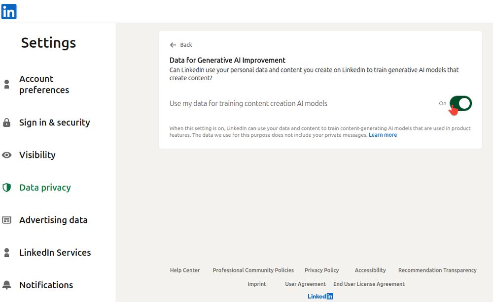 LinkedIn settings showing settings where this setting is enabled:

Data for Generative AI Improvement

    Can LinkedIn use your personal data and content you create on LinkedIn to train generative AI models that create content?

    Use my data for training content creation AI models
