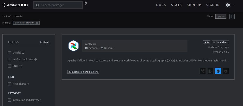 ArtifactHub Page of Bitnami organization, showing only one reamining helm chart.