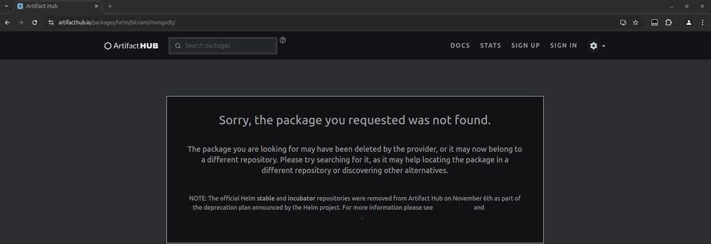 ArtifactHub Page of Helm Chart bitnami/mongodb showing: "Sorry, the package you requested was not found."