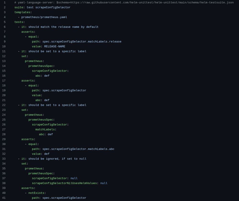 YAML definition of a Helm unit test.
Test file can be found at this URL
https://github.com/prometheus-community/helm-charts/blob/1251b0/charts/kube-prometheus-stack/unittests/prometheus/scrape_config_selector_test.yaml