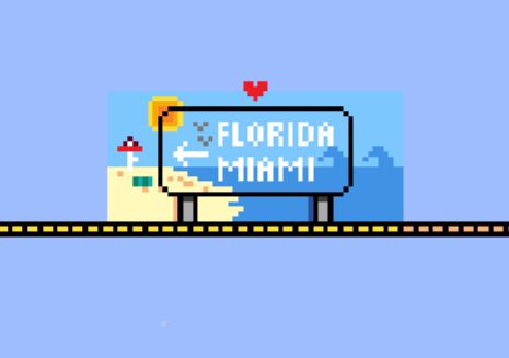 Pixelartt en el juego Wplace, una línea amarilla y negra (*cof* carretera *cof*) con un letrero de carretera que pone "Florida, Miami" con una flecha a y hacia la izquierda.
El fondo del letrero representa una playa de arenas blancas y una sombrilla, hay un corazón encima del letrero.