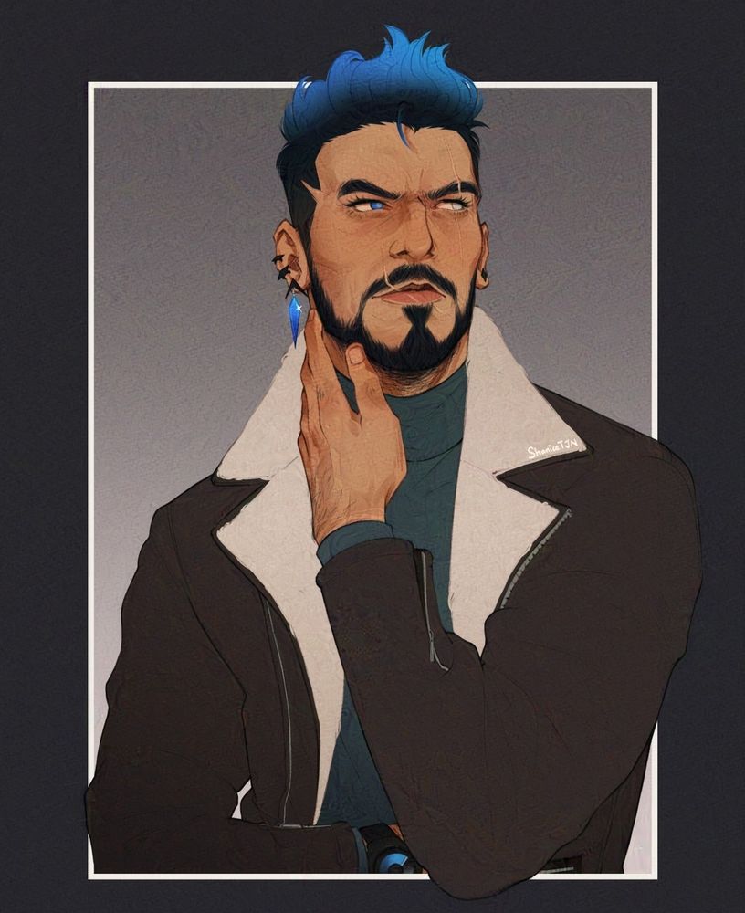 A digital artwork of my Original Character, Azrael. He has a quiff with the tips highlighted light blue which softly blends into his black hair roots. Azrael has a neatly trimmed beard and has 3 scars on his face. He is looking to his left and has his left hand touching his neck while having his right hand tucked underneath his left arm. He's wearing a dangling light blue crystal earring with black spikey ear cuffs on his right ear. Azrael is also wearing a black and blue watch on his right wrist.