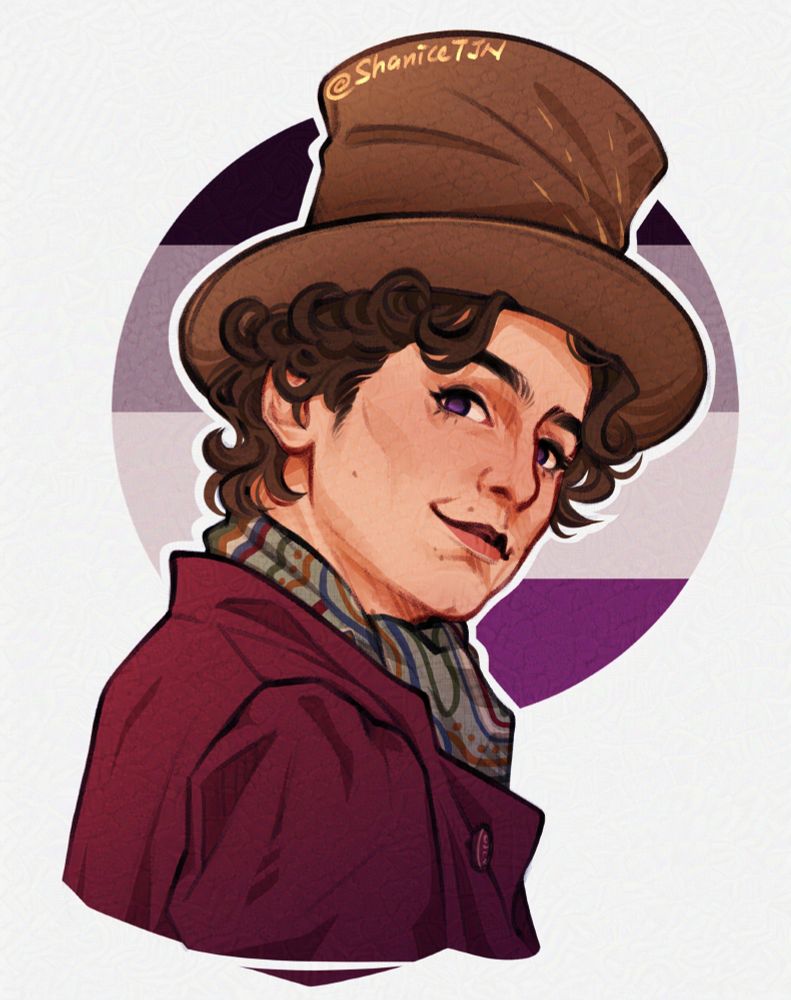 Digital artwork of Willy Wonka portrayed by Timothée Chalamet from the 2023 film, Wonka. 

He is smiling softly while looking at the viewer. There is a circular Asexual Pride Flag as the BG shape.

Written text in artwork reads @ ShaniceTJN.