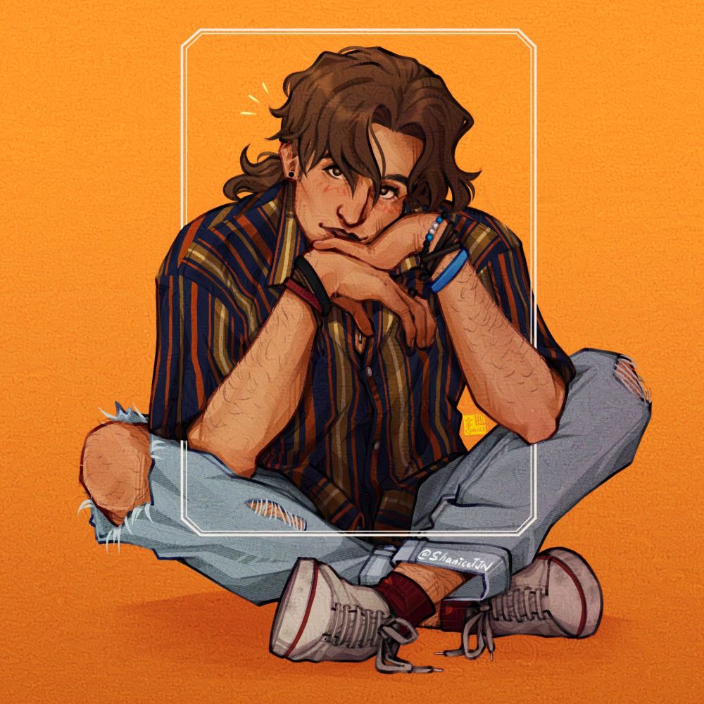 A digital artwork of my Original Character - Amadeo Di Corrado.

He is in a sitting position with his head leaning against both his hands and looking straight at the viewer. He also has a soft smile and is blushing slightly.

Amadeo is wearing his boyfriend, Azrael's, dark blue shirt with orange and gold vertical stripes. He is also wearing loose faded-blue ripped jeans with maroon socks and white sneakers.

Written text in the artwork reads @ShaniceTJN.