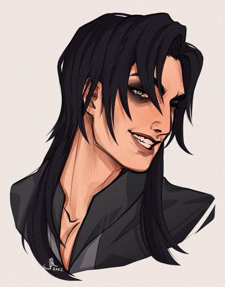 A digital portrait commission of nalethyst's OC -- Siron. He has long black hair and really dark circles around their eyes. Siron has an open-mouth smirk and is winking at the viewer.