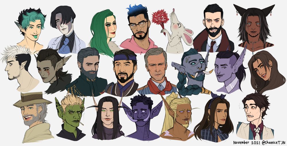 A compilation of base-coloured doodles by ShaniceTJN. There are a total of 22 characters in this canvas. Text in image reads November 2021 @ShaniceTJN.